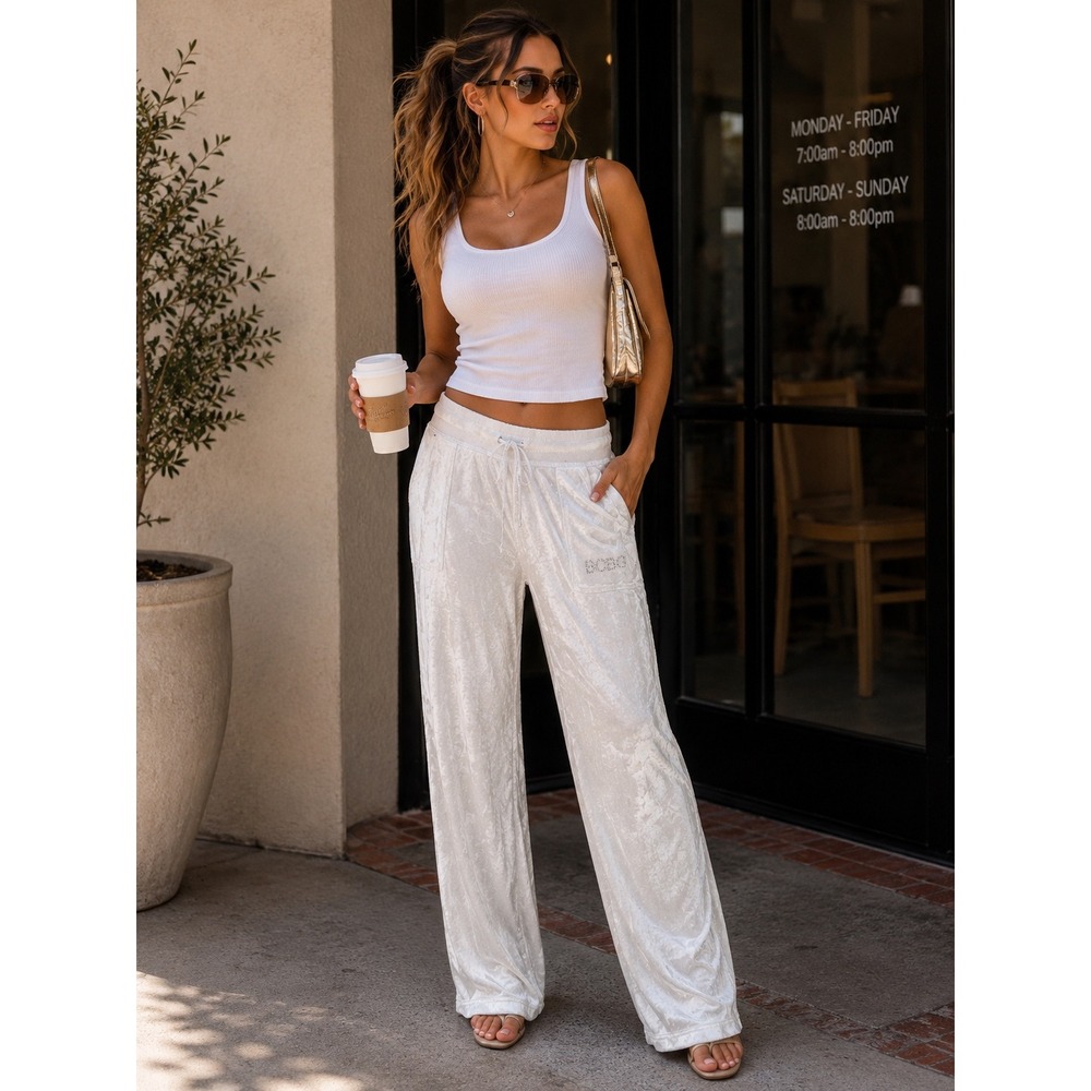 BCBGMAXAZRIA Womens White Velour Track Pants Rhinestone Logo Size M Lounge